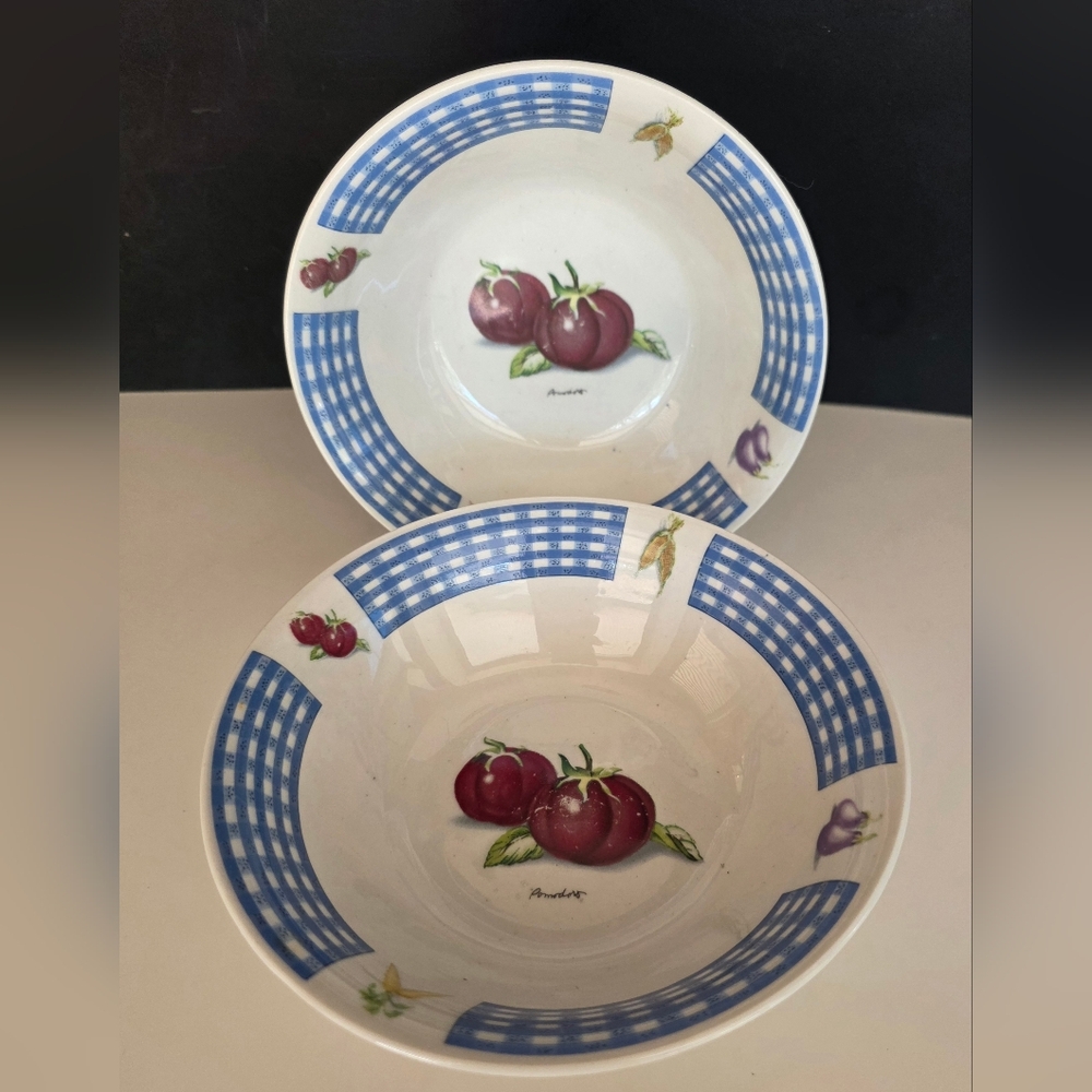 Tabletops "Fresh Vegetables" Set of 2 Cerwal/ Soup 7" Bowls Blue Check Rim